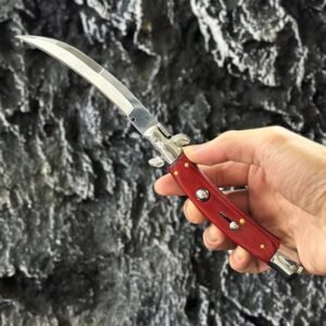 Stiletto italien automatique 9 pouces – Manche en bois, lame courbée