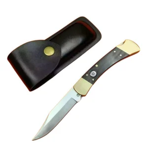 8 Inch Brass & Sandalwood Folding Knife with Leather Sheath