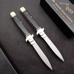 AKC Leverletto Brass Guard Black Horn Side-Opening Knife