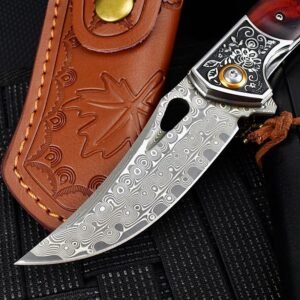 Sabertooth Tiger Damascus Folding Knife