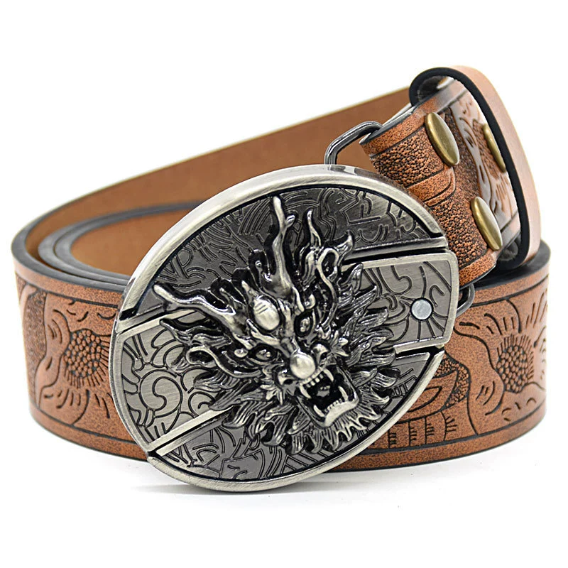 190a48538e9abcd5a7f6f4a45cd9794.png Belt Buckle Pocket Knife-Dragon Head Knife Buckle Embossed Brown