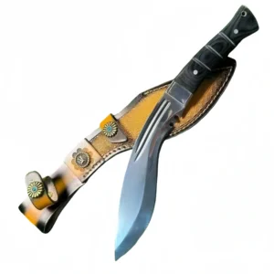 9Cr18Mov one-piece steel dog leg knife with hand-embossed leather sheath