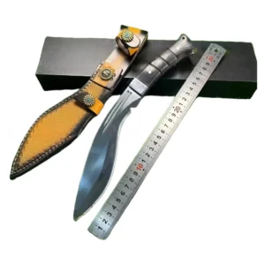 9Cr18Mov one-piece steel dog leg knife with hand-embossed leather sheath