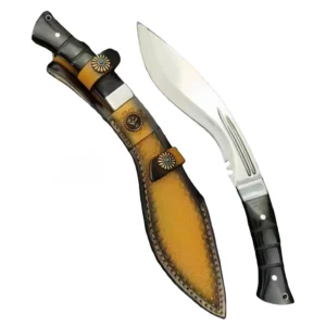 9Cr18Mov one-piece steel dog leg knife sheath with hand-embossed cowhide holster