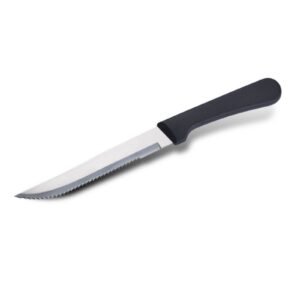 Stainless steel serrated knife with practical wooden handle and plastic handle