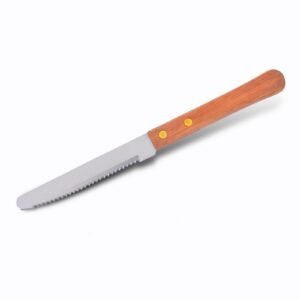 Stainless steel serrated knife with practical wooden handle and plastic handle