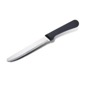 Stainless steel serrated knife with practical wooden handle and plastic handle