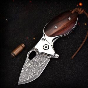 Rosewood Handle Damascus Steel Mini Folding Knife – Keychain EDC Tool