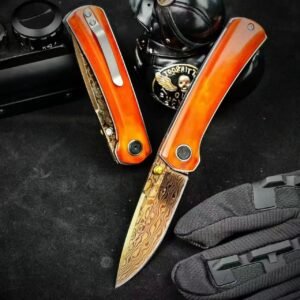 Extreme 2 Carbon Steel Damascus Blue-Finished Red Bone Folding Knife