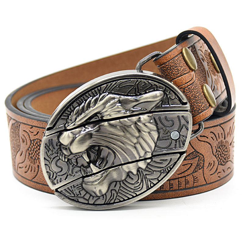 3038c78e99816ebc3246660125fd1d4.png Belt Buckle Pocket Knife-Tiger Head Knife Buckle Embossed Brown