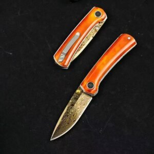 Extreme 2 Carbon Steel Damascus Blue-Finished Red Bone Folding Knife