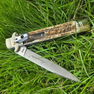 AKC Leverletto Brass Guard Stag-Horn Side-Opening Knife
