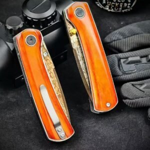Extreme 2 Carbon Steel Damascus Blue-Finished Red Bone Folding Knife