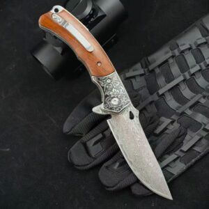 Wood Shadow Damascus Folding Knife