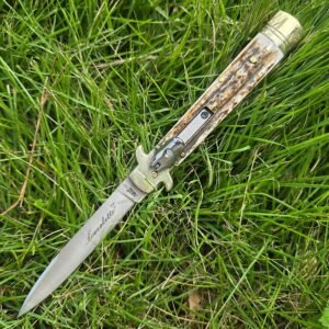 AKC Leverletto Brass Guard Stag-Horn Side-Opening Knife