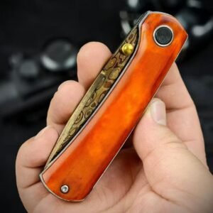 Extreme 2 Carbon Steel Damascus Blue-Finished Red Bone Folding Knife