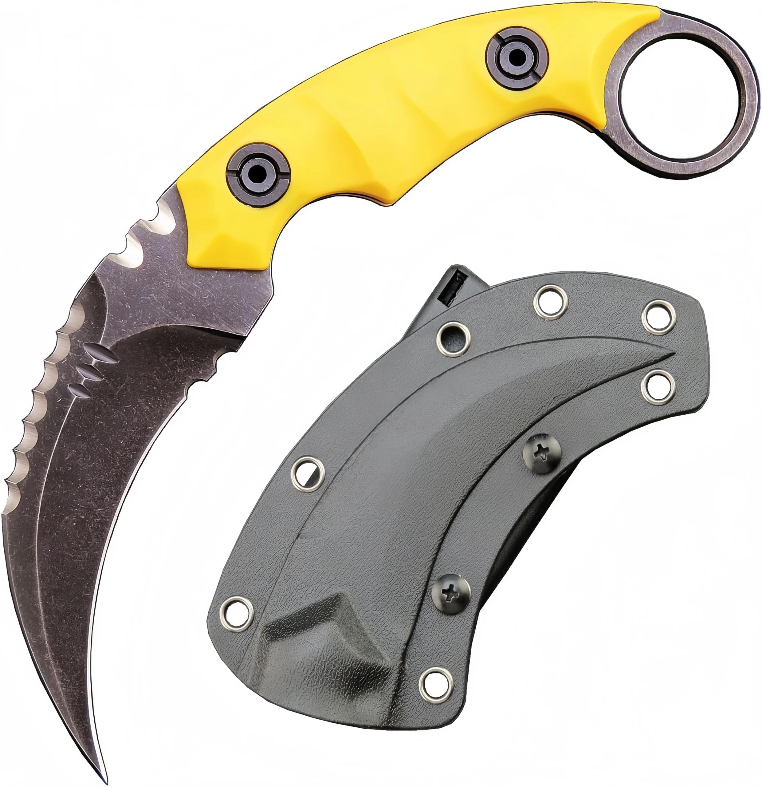 O1CN01P07PXW1qdkrd5YBZW_4128405519-0-cib-2_副本-scaled-1.webp Karambit Knife D2 Steel + Nylon Fiberglass Handle Outdoor Claw Knife With Kydex Sheath Edc-Yellow