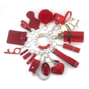 Womens Safety Items 15-Piece Self-collection Keychain Red