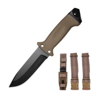 Outdoor Hunting Knife with Serrated Edge – Survival Fixed Blade (Brown)