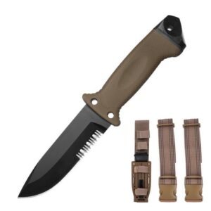 Outdoor Hunting Knife with Serrated Edge – Survival Fixed Blade (Brown)