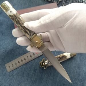 AKC Leverletto Brass Guard Stag-Horn Side-Opening Knife