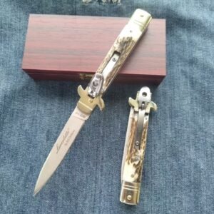 AKC Leverletto Brass Guard Stag-Horn Side-Opening Knife
