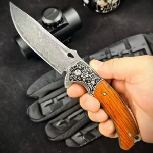Wood Shadow Damascus Folding Knife
