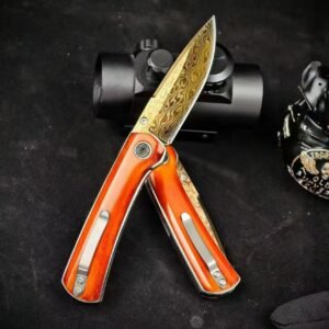 Extreme 2 Carbon Steel Damascus Blue-Finished Red Bone Folding Knife