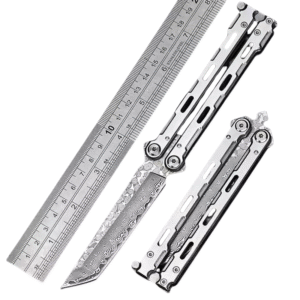 Damascus Balisong All Steel Training Knife Unsharpened